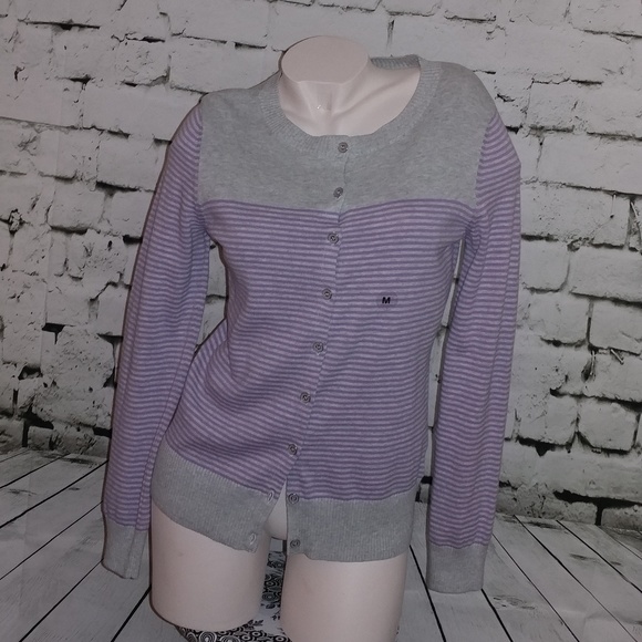 Nautica Women's Grey With Purple Stripes Cardigan - Picture 8 of 8